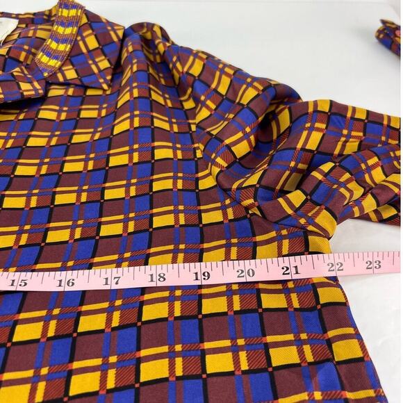 ZARA MULTICOLOR Checked FLOWY FLIP CUFF SILK SHIRT W BEADED NECK Button UP Large - Picture 10 of 10